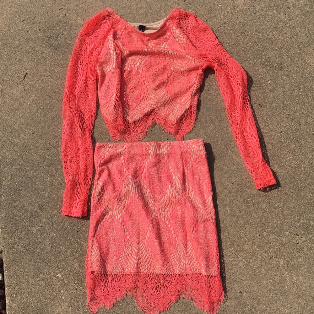 2 Piece Hot Pink Lace Dress Skirt Top
